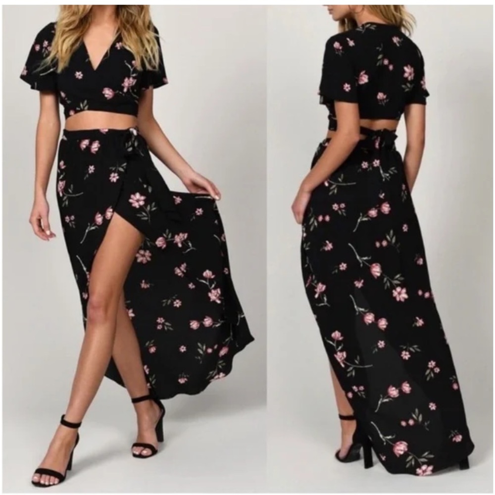 Floral Black and Pink Two-Piece Wrap Dress